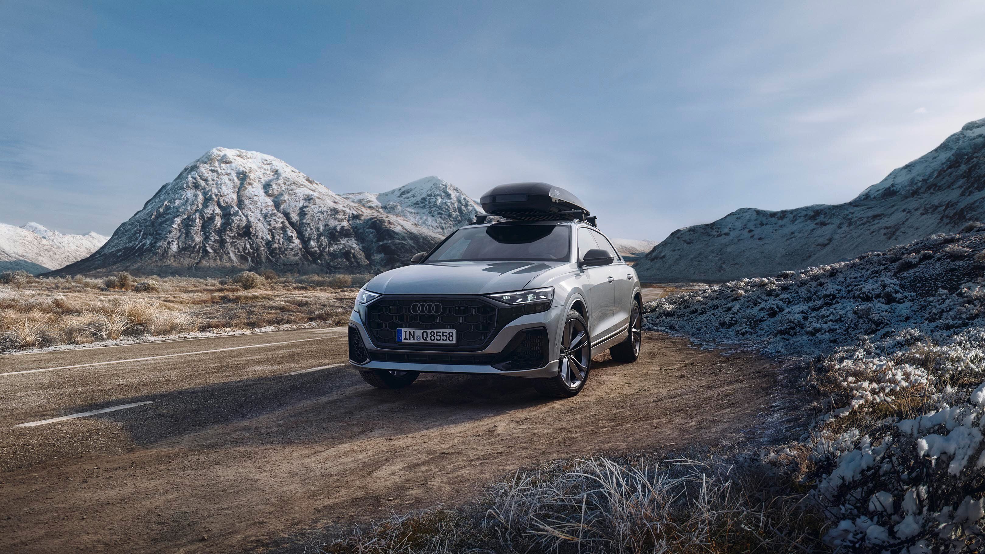 Ein Audi Q8 mit Dachbox parkt an einer Straße in den Bergen.